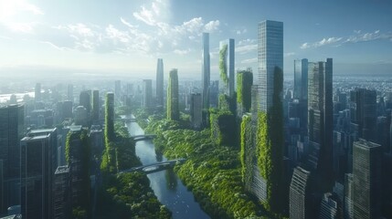 Futuristic city with nature reclamation green urban landscape