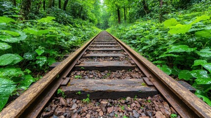 Overgrown Railway Tracks Leading into a Lush Green Forest