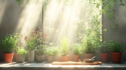 Sunlit Indoor Garden with Potted Plants and Fresh Herbs Ideal for Cooking and Home Decor