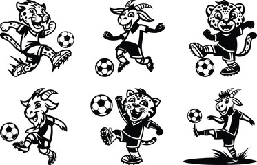 Cartoon style sporty goat and leopard character kicking a soccer ball silhouette vector illustration, Cute funny sporty goat and leopard character kicking a soccer ball line art vector design set
