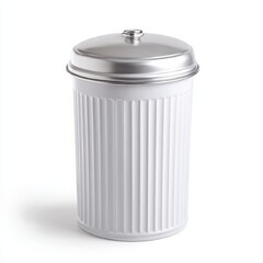 Metal canister with lid, ribbed design, kitchen storage container on white background