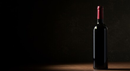 Elegant Red Wine Bottle - A single bottle of red wine stands on a dark wooden surface against a black background. Perfect for wine-related content