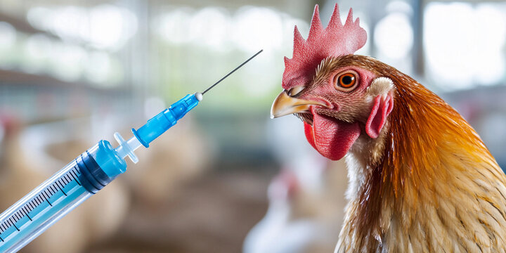 Syringe with blue plunger close to chicken in farm setting Generative AI