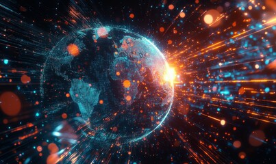 Obraz premium International data transfer, cyber technology, worldwide business, information exchange, and telecommunications on an abstract world map