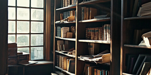 Old fashioned bookstore showcases wooden shelves filled with books Generative AI