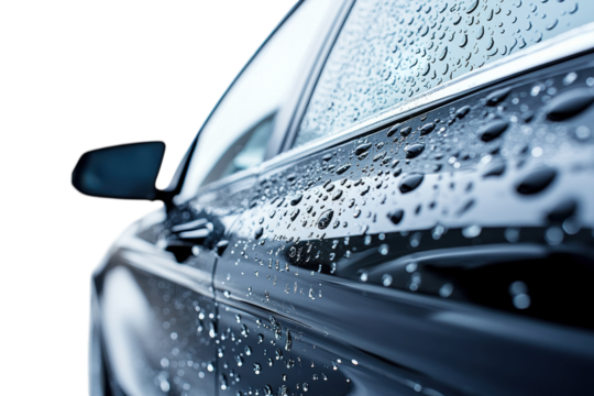 Gleaming car door water droplets glistening reflecting light sleek design pristine detail perfect