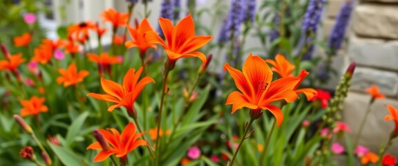 Vibrant orange-red Crocosmia Spitfire blooms in a garden setting,  bloom,  detail