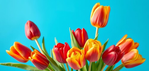Fototapeta premium Vibrant parrot tulips in a vase, a burst of spring color against a blue backdrop, blossom, nature
