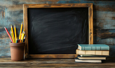Vintage School Desk Still Life with Chalkboard and Education Supplies with copy space