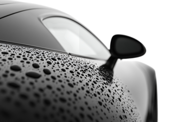 Sleek black car glistening with water droplets showcasing a luxurious design and impeccable detail