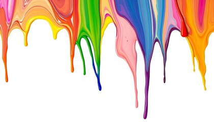 Vibrant rainbow acrylic paint drips dynamically across a wide white banner ,  texture,  cascade