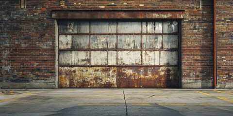 Rusty metal garage door in a brick wall, showcasing industrial urban texture, ideal for grunge or vintage design conceptsFree space for text or advertisement