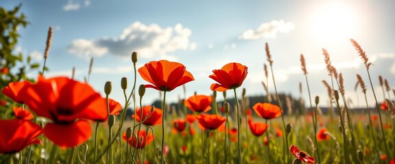 Obraz premium Vibrant red poppies against a Latvian summer sky, sunlit wildflowers, and sprouting grain, botany, plant