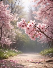 Fototapeta premium Soft pink sakura petals descend gracefully, blurred spring scene , flora, light, peaceful