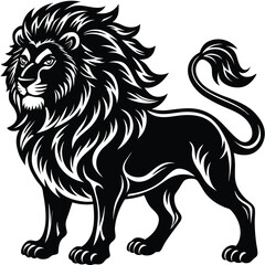 Fototapeta premium Majestic Lion Standing, Thick Mane, Detailed Black and White Art