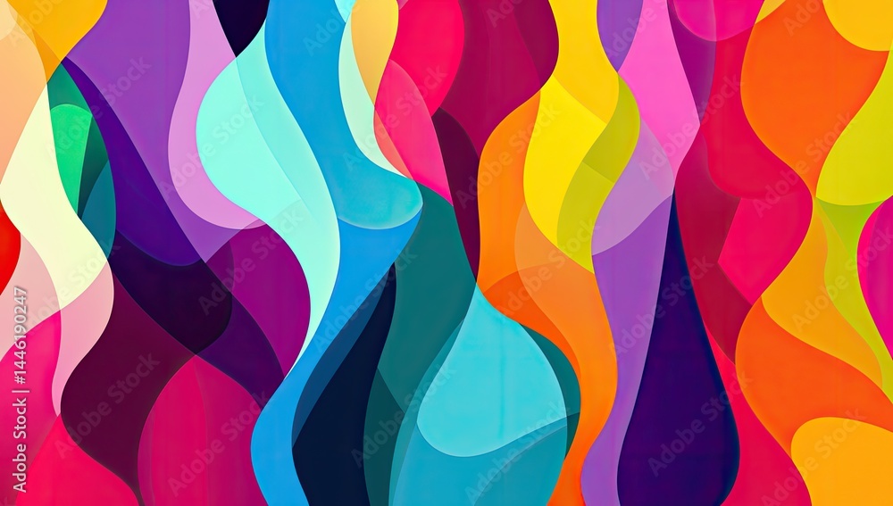 Poster vibrant abstract design with flowing, overlapping shapes in a spectrum of colors. dynamic, layered, 