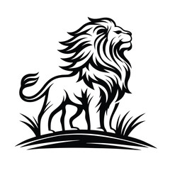 Lion Standing Tall in Black Silhouette with Detailed Mane and Grass On White Background