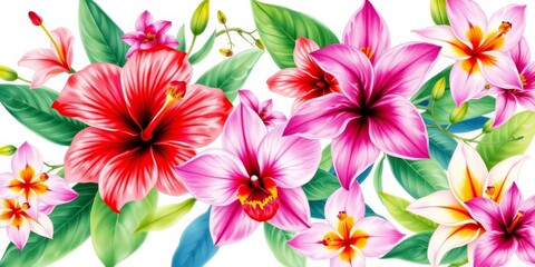 Obraz premium Vibrant tropical watercolor floral set featuring hibiscus, orchids, and lilies Perfect for wedding stationery, fabric, and wallpaper, leaves, greenery