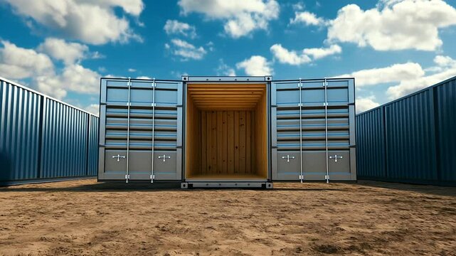 Empty steel container staged on dirt ground, with wooden interior ready for cargo or gear. Suits delivery hubs, mobile office or rental logistics.