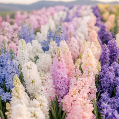 close-up photo of colorful purple pink white hyacinth flowers growing in field background flowering in spring field meadow winter garden ai generated 