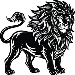 Lion Silhouette Illustration, Full Body, Black and White, Detailed Mane, Strong Design
