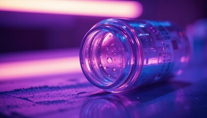 Glass Jar Illuminated with Purple and Blue Lights on Surface