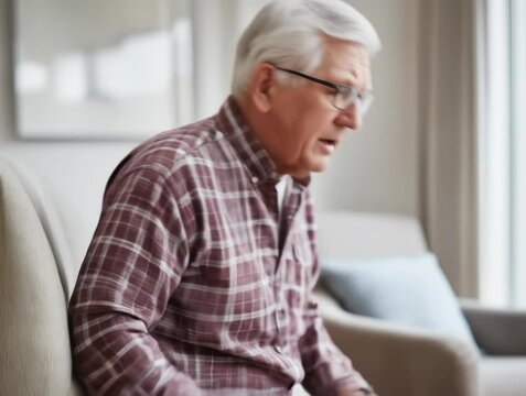 Senior man with pain in his back trying to stand up from the sofa, 
