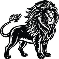 Majestic Lion Illustration, Detailed Mane, Stylized Feline, Powerful Black and White Art