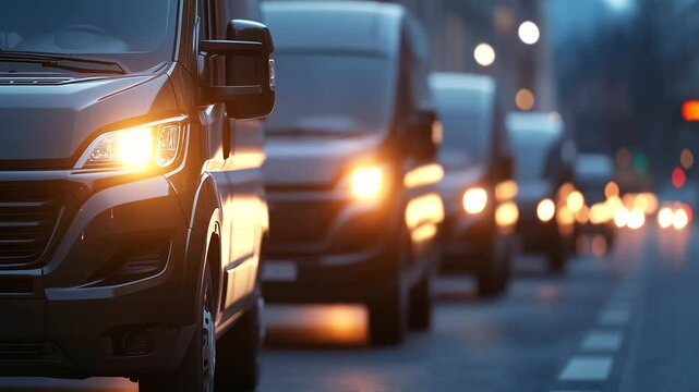 Front-facing row of cargo vans with shiny headlamps and license plates, parked near busy intersection. Urban freight logistics concept.
