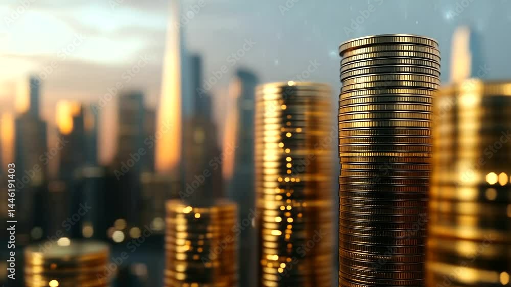 Poster golden coin columns stand tall with urban cityscape melting into soft blur. visual representation of