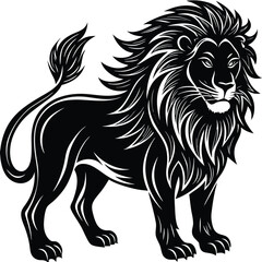Fototapeta premium Lion Standing Silhouette, Feline Animal with Mane, Black and White