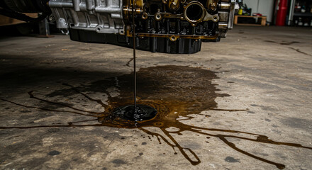 Engine Oil Leak on Garage Floor - Spilled engine oil on a garage floor, indicating a potential engine problem requiring immediate attention