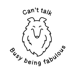 Gorgeous rough collie with fluffy coat and delighted face. Hand-drawn doodle-style illustration, black and white outline with text. Perfect for branding, social media posts and pet-related designs.