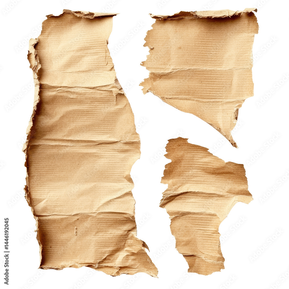 Poster torn pieces of corrugated paper creating an abstract composition on a clean transparent background, 