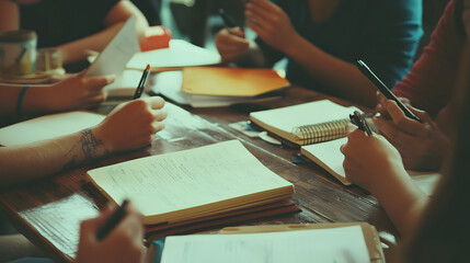 Group Study Session: A group of students engaged in focused study, their hands diligently scribbling notes in open notebooks, capturing the atmosphere of collective learning and collaboration.