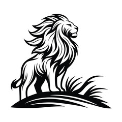 Bold Silhouette Lion Standing Tall in Grass, Style with Strong Contrast Design