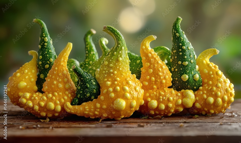 Poster close-up of bright yellow and green gourds arranged on a rustic wooden table illuminated by soft nat