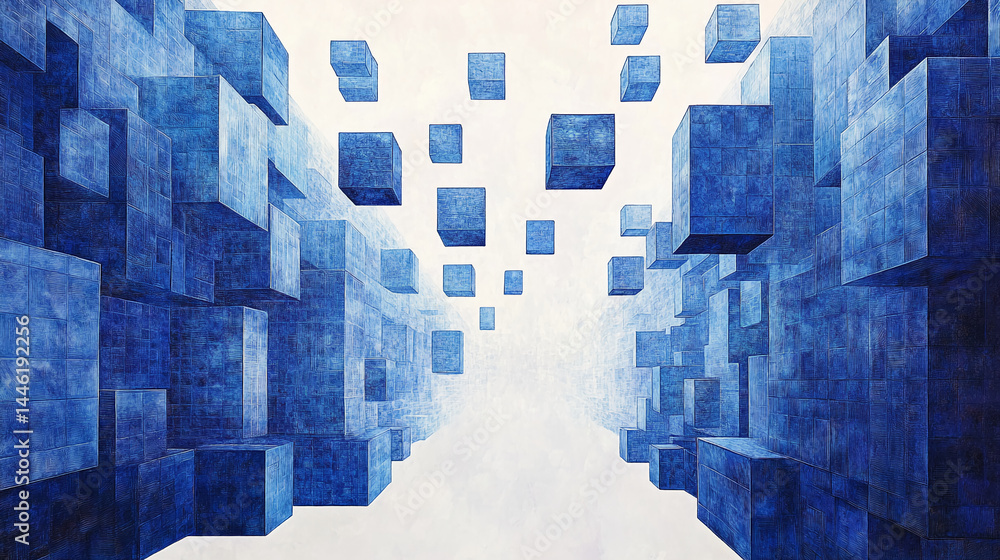 Poster Abstract image of numerous blue cubes, creating a three-dimensional effect, suggesting depth, structure, and potentially technology or data