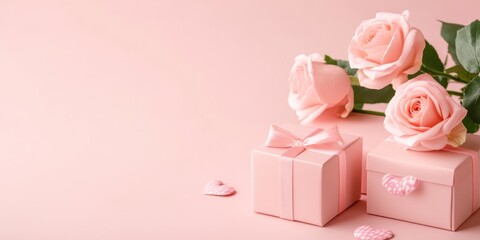 Pink roses and gifts rest on a pink background