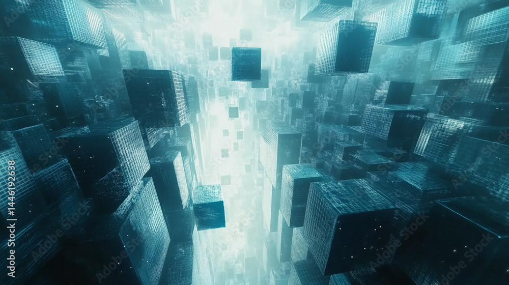 Poster Abstract image of teal cubes forming a tunnel-like structure, suggesting depth and digital space, possibly symbolizing data flow or futuristic architecture