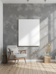 Canvas mockup in minimalist interior background with armchair and rustic decor, 3d render