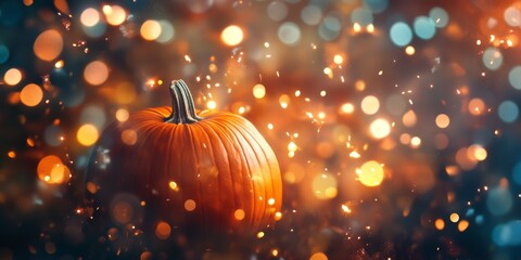 A blurry photo of a glowing Halloween pumpkin with sparkling lights in the background. The pumpkin is orange and the image is full of vibrant colors, perfect for a party backdrop.