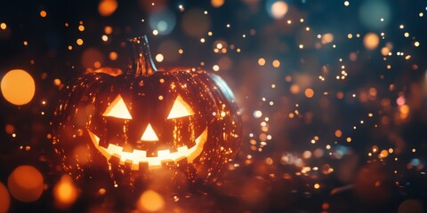 A blurry photo of a glowing Halloween pumpkin with sparkling lights in the background. The pumpkin is orange and the image is full of vibrant colors, perfect for a party backdrop.