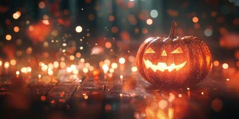A blurry photo of a glowing Halloween pumpkin with sparkling lights in the background. The pumpkin is orange and the image is full of vibrant colors, perfect for a party backdrop.