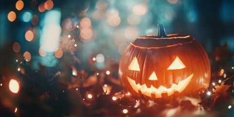 A blurry photo of a glowing Halloween pumpkin with sparkling lights in the background. The pumpkin is orange and the image is full of vibrant colors, perfect for a party backdrop.