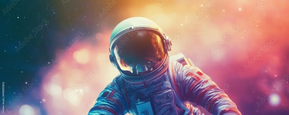 Poster an astronaut floats through space with colorful nebulous clouds surrounding