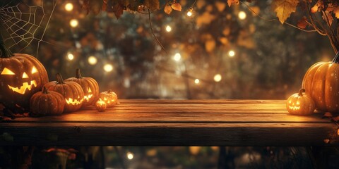 A cozy autumn scene with a wooden table and twinkling lights.  The warm glow from pumpkins and a spiderweb creates a festive Halloween backdrop.  Perfect for showcasing your product.