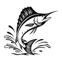 Black and White Marlin Leaping Out of Water Silhouette Illustration, Minimalist Design