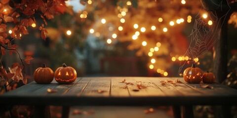 A cozy autumn scene with a wooden table and twinkling lights.  The warm glow from pumpkins and a spiderweb creates a festive Halloween backdrop.  Perfect for showcasing your product.