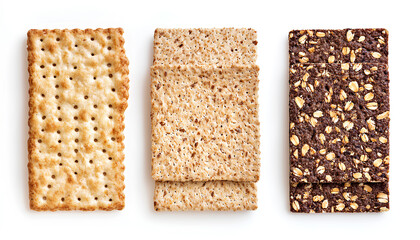 Tasty crunchy crispbreads on white background, collection